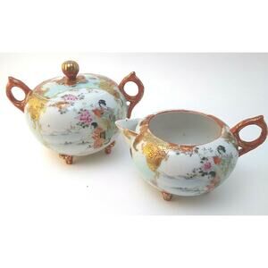 Hand Painted Japanese Geisha Girl Sugar Bowl & Creamer
